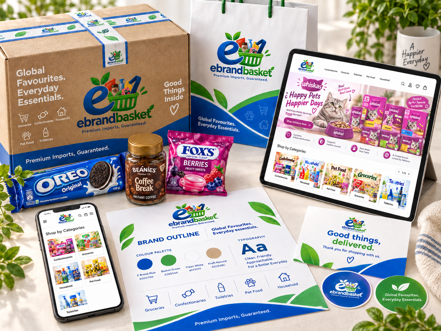 E Brand Basket branding showcase with packaging, shopping bag, brand guidelines, products and mobile and desktop e-commerce designs