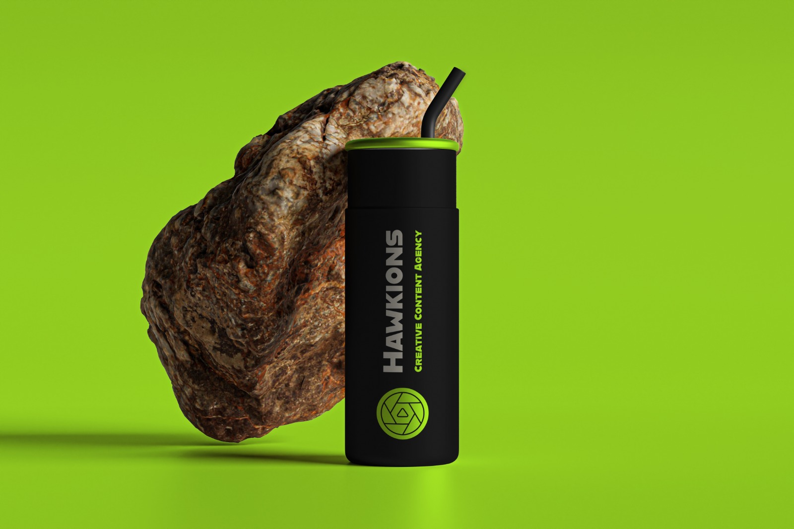 Hawkions branded black bottle against a lime background