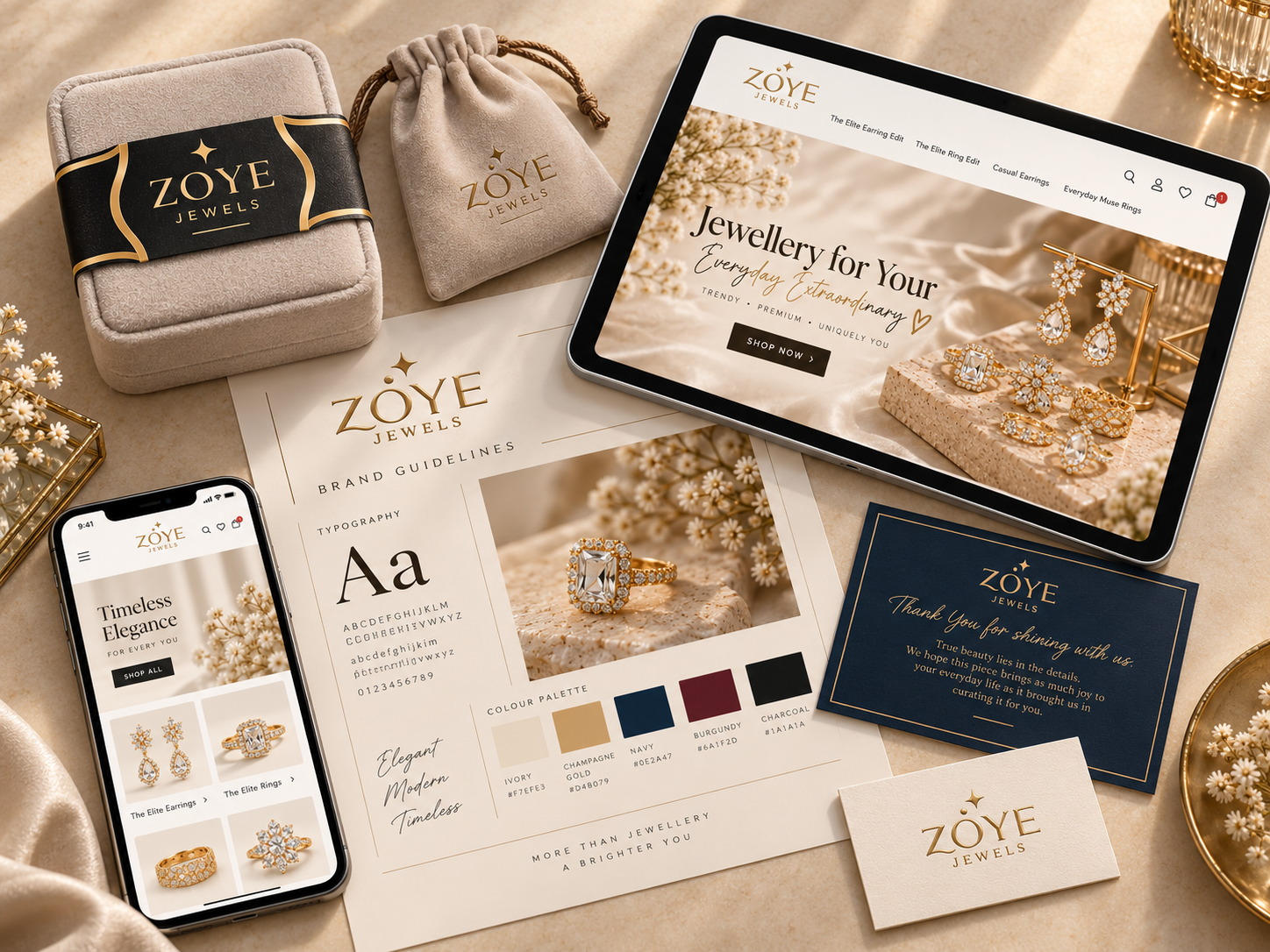 Zoye Jewels branding showcase with jewellery packaging, brand guidelines, stationery and desktop and mobile website designs